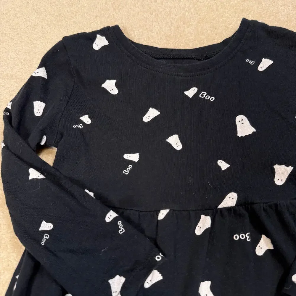 Old Navy Girls Long Sleeve Halloween Ghost Dress Black White Boo Print Size 3T